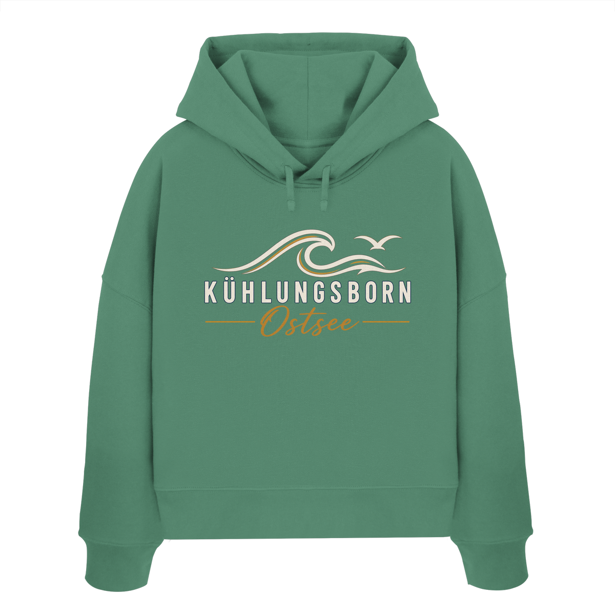 Shirtigo-Originalmockup: Damen Bio-Boxcut-Hoodie Kühlungsborn Baltic Waves, Dark Edition, Green Bay, Vorderansicht mit Motiv.