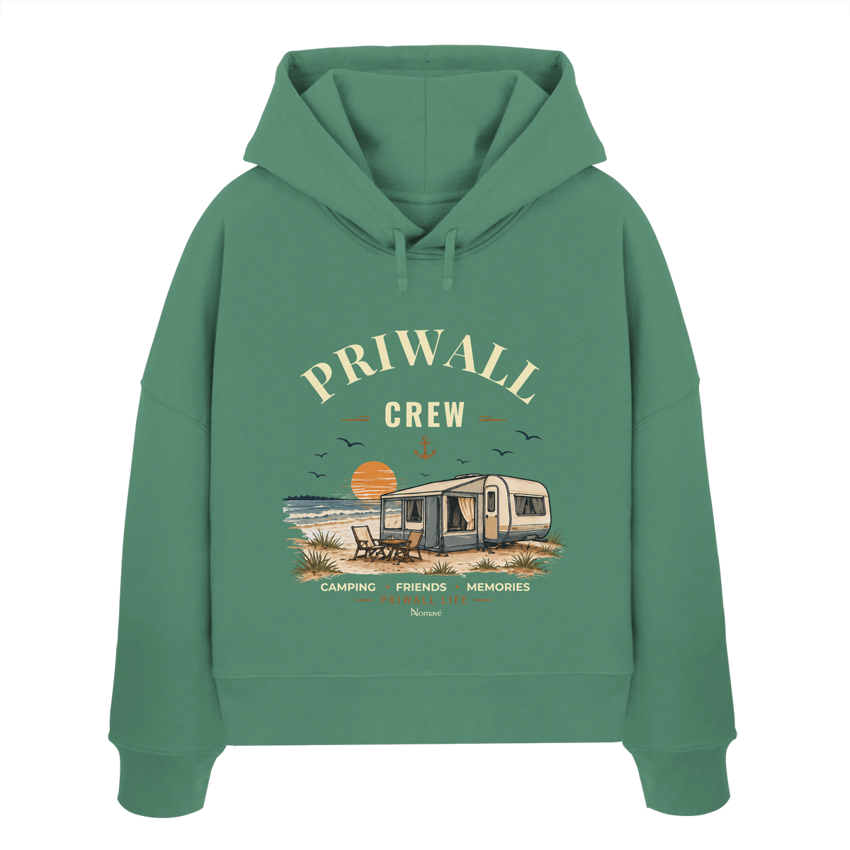 Damen Bio Boxcut Hoodie Kapuzenpullover in Green Bay mit korrigiertem Priwall-Crew-Motiv der Dark Edition – Vorderansicht