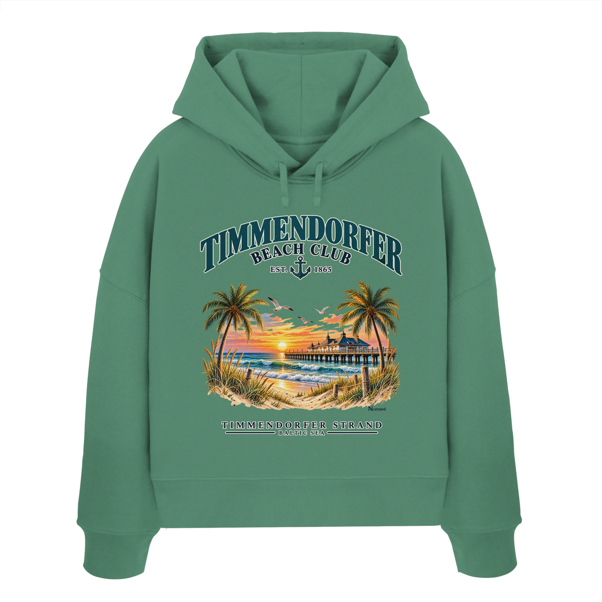Originalmockup: Timmendorfer Beach Club Damen Bio-Boxcut-Hoodie in Green Bay, Vorderansicht mit maritimem Frontprint, Palmen, Seebrücke und Meer.