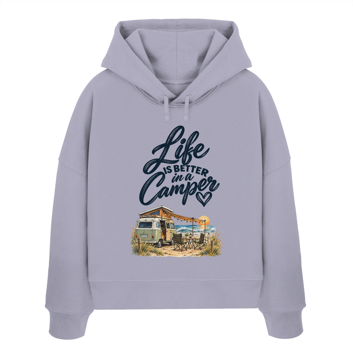 Damen Bio Boxcut Hoodie mit „Life is better in a Camper“-Motiv – Vorderansicht in Lavender für Vanlife- und Campingfans