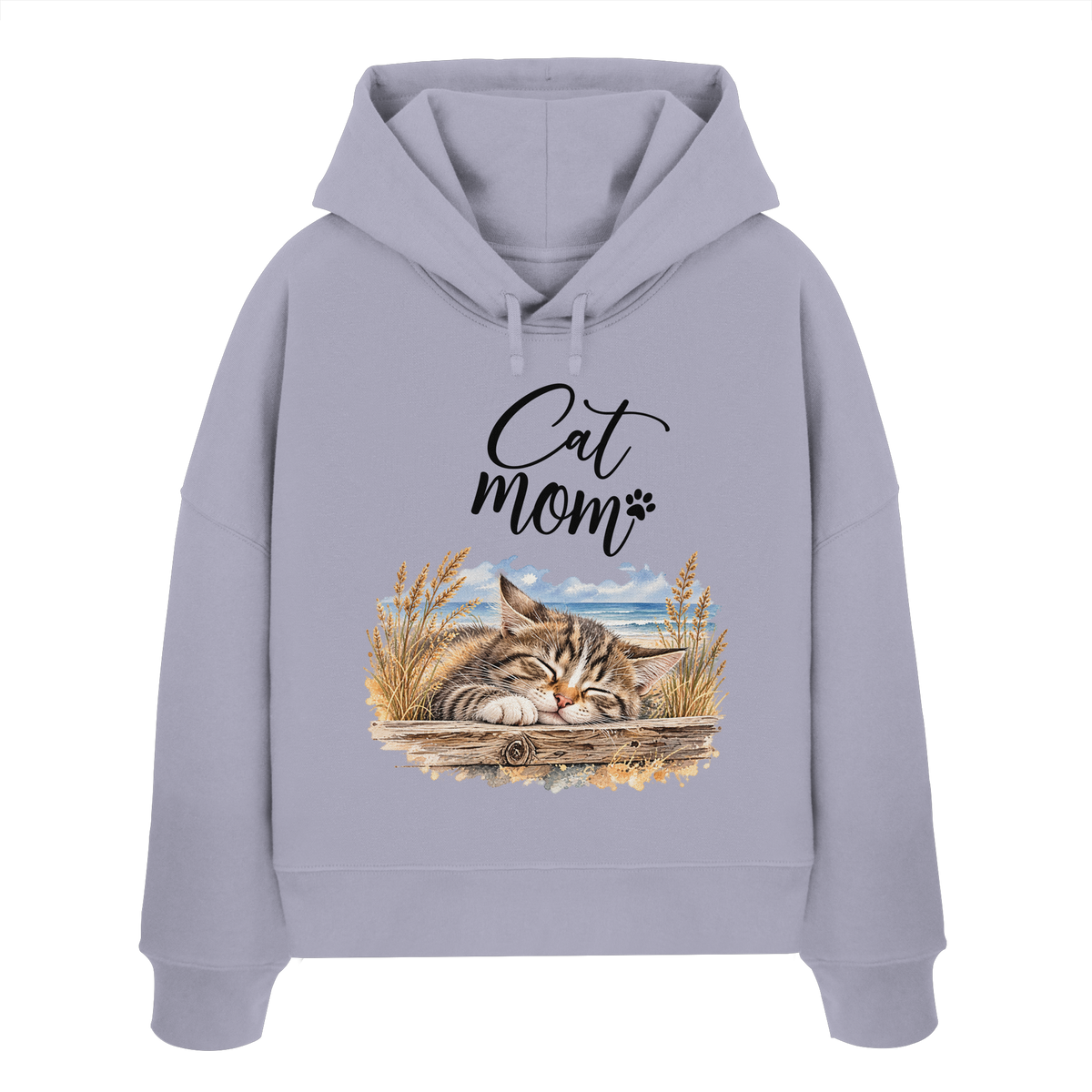 Damen Bio-Boxcut-Hoodie in Lavender mit Cat-Mom-Katzenmotiv als Frontprint – Vorderansicht im Original-Mockup.