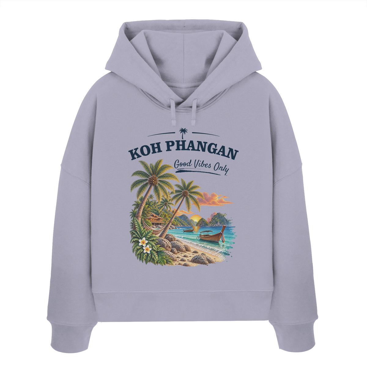 Koh Phangan Good Vibes Only – Damen Bio Boxcut Hoodie – Frontprint – Original-Mockup womens organic boxcut hoodie lavender mit Motivdruck