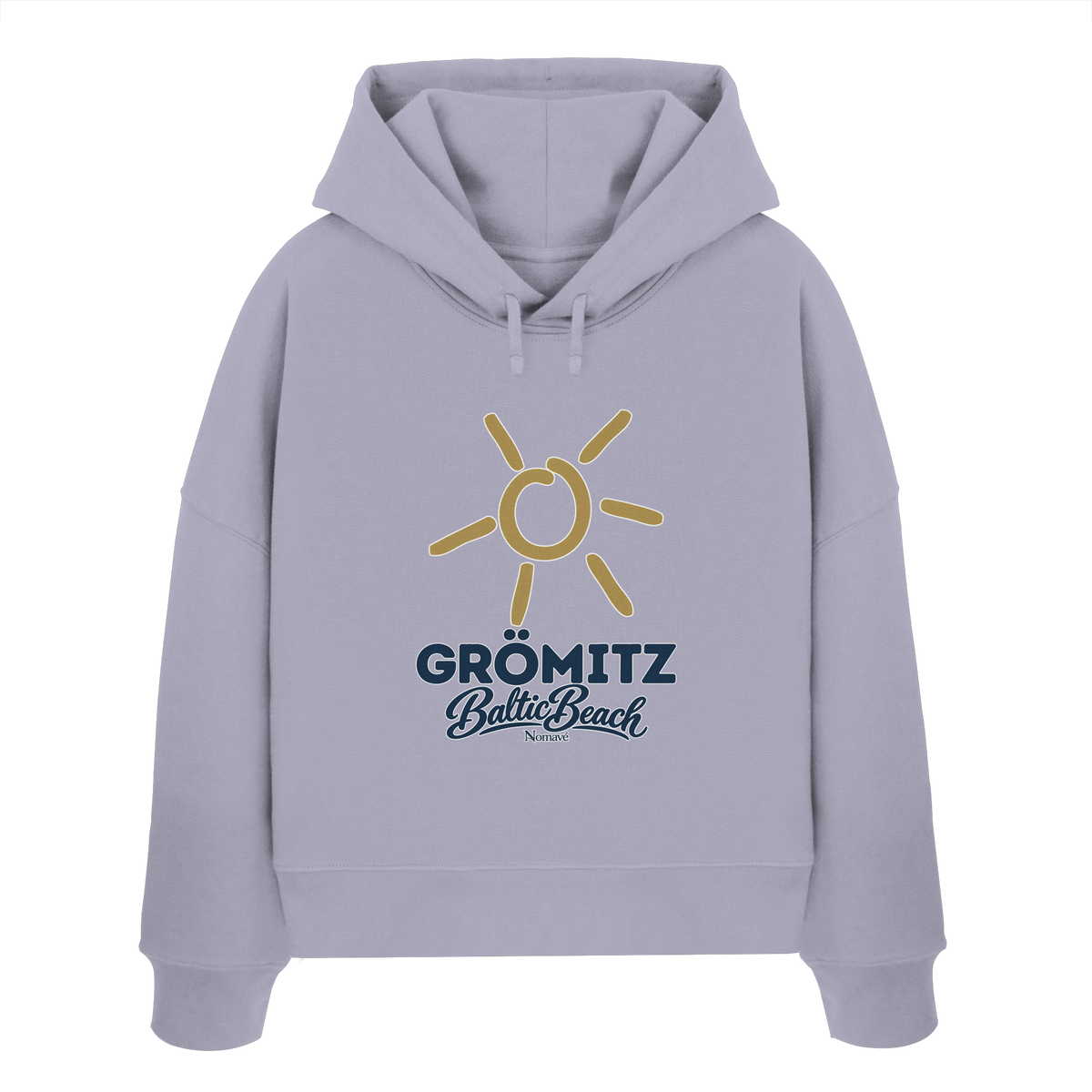 Damen Bio Boxcut Hoodie Grömitz Sonne Baltic Beach in Lavender – Frontdruck mit goldener Sonne, Shirtigo-Originalmockup 3