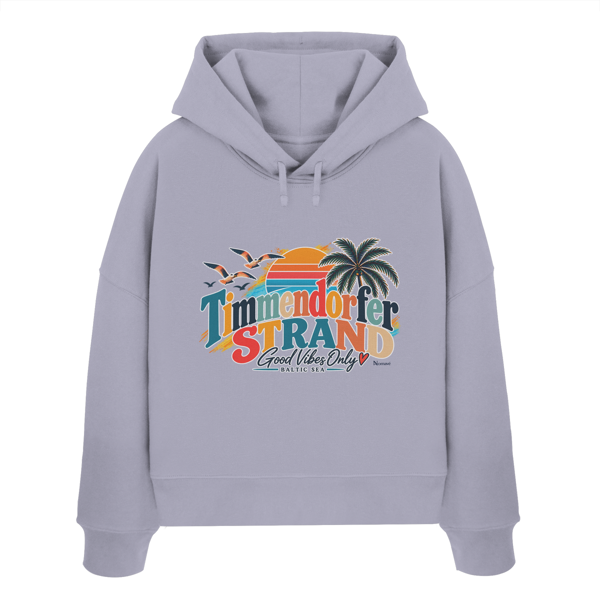 Damen-Boxcut-Hoodie in Lavender mit Timmendorfer-Strand-Good-Vibes-Only-Frontprint, originales Shirtigo-Mockup.