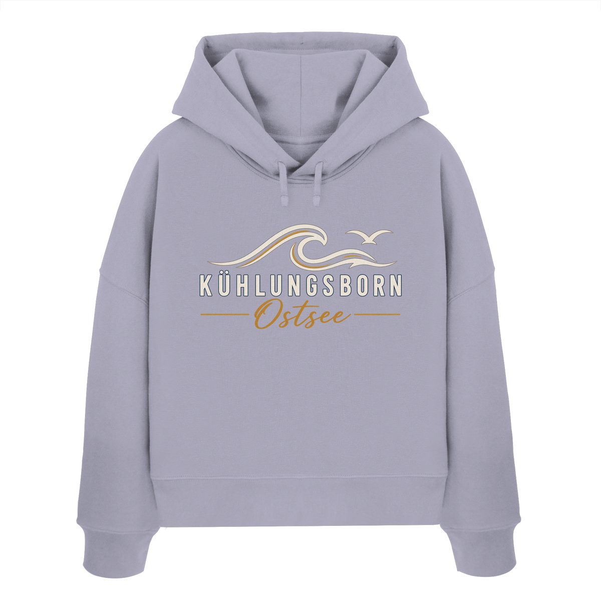 Shirtigo-Originalmockup: Damen Bio-Boxcut-Hoodie Kühlungsborn Baltic Waves, Dark Edition, Lavender, Vorderansicht mit Motiv.