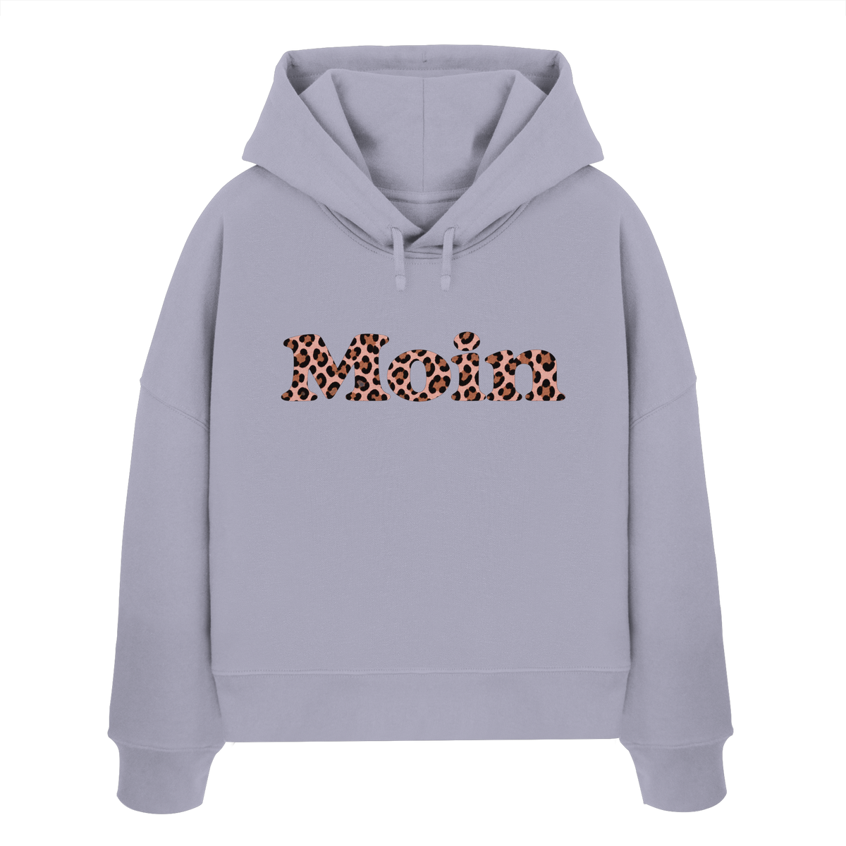 Damen-Bio-Boxcut-Hoodie in Lavender mit Moin-Leo-Blush-Pink-Frontprint.