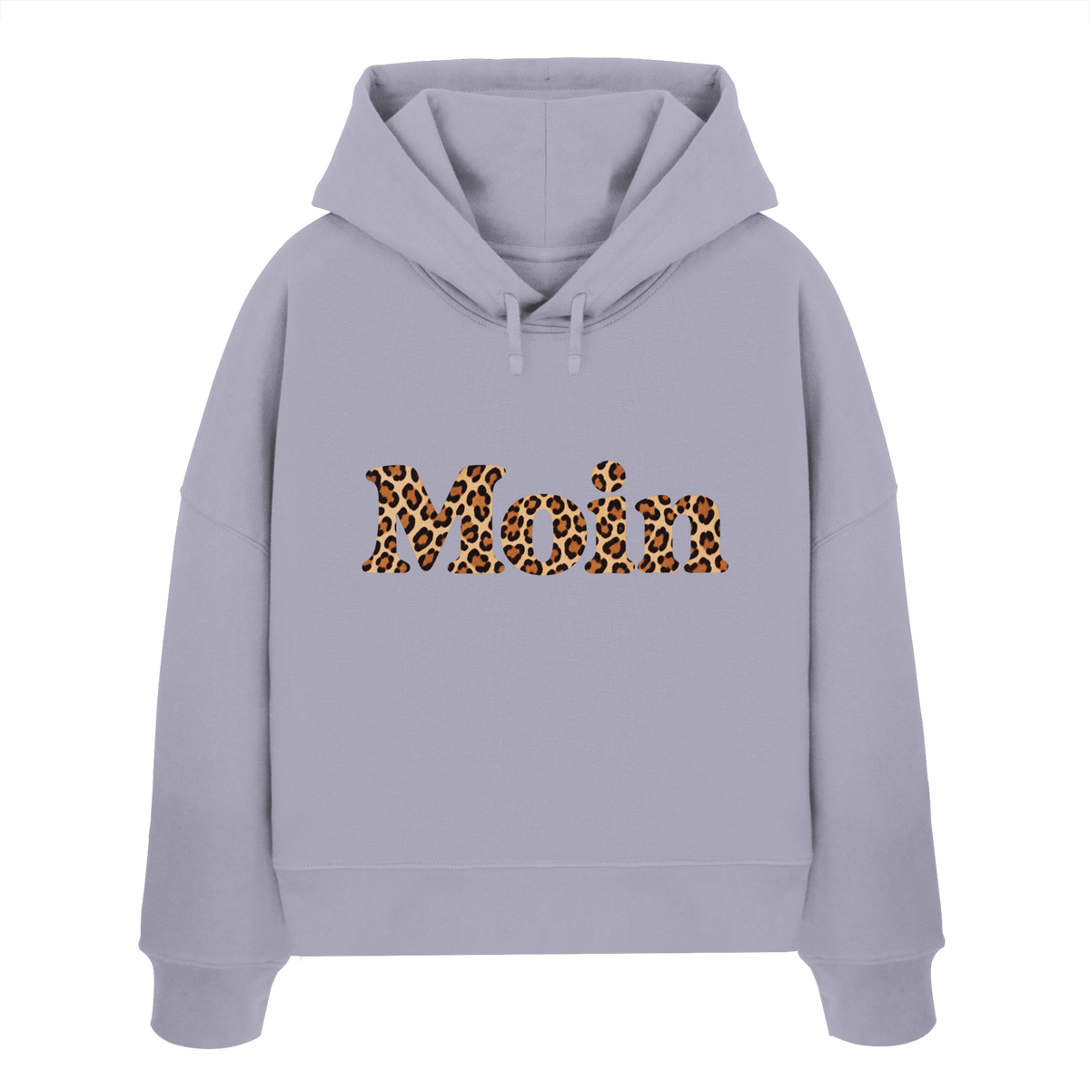 Original-Shirtigo-Mockup: Damen Bio Boxcut Hoodie in Lavender mit „Moin“ im Karamell-Leoprint als Frontprint