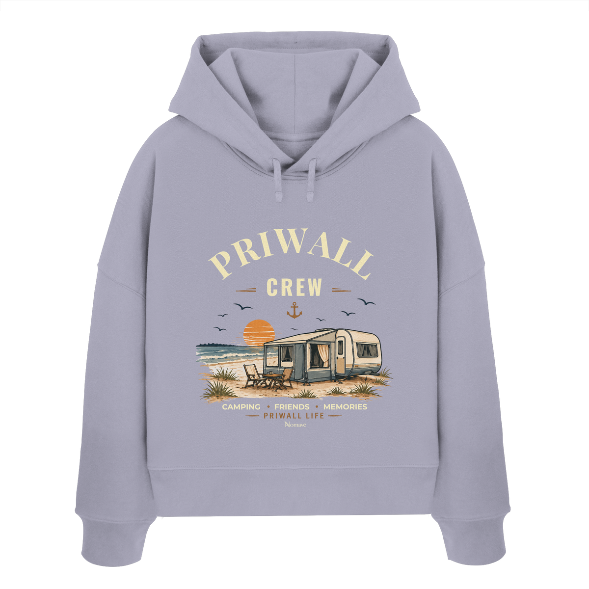 Damen Bio Boxcut Hoodie Kapuzenpullover in Lavender mit korrigiertem Priwall-Crew-Motiv der Dark Edition – Vorderansicht