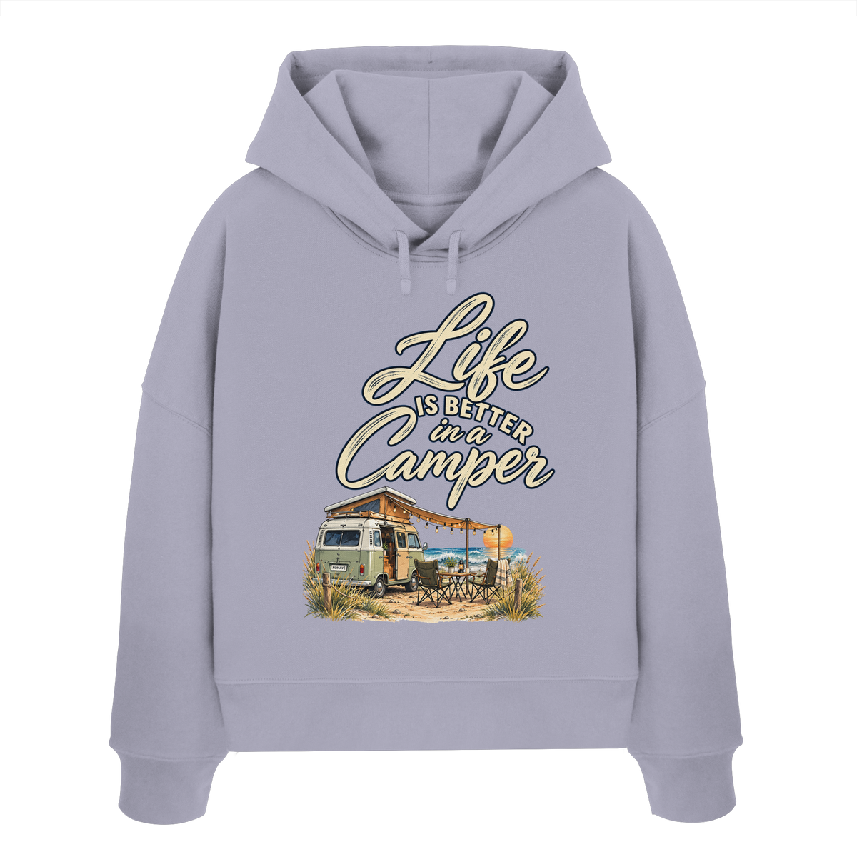 Damen Bio Boxcut Hoodie in Lavender mit „Life is better in a Camper“-Motiv – Vorderansicht für Vanlife- und Campingfans