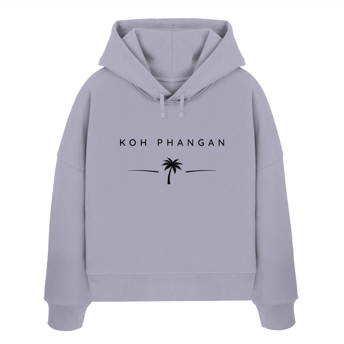 Frontansicht des Damen Bio Boxcut Hoodie in der gezeigten Produktfarbe mit Koh Phangan Minimal Palm Frontprint