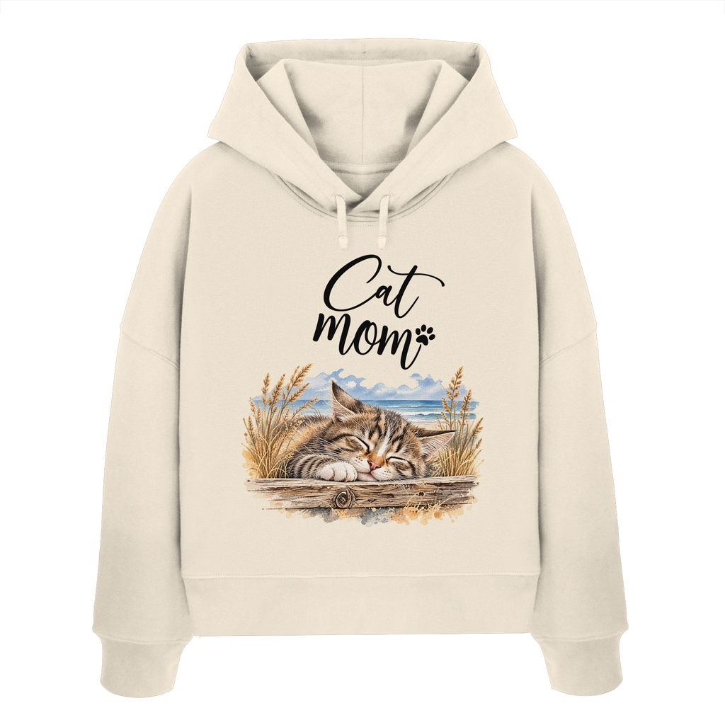Damen Bio-Boxcut-Hoodie in Natural Raw mit Cat-Mom-Katzenmotiv als Frontprint – Vorderansicht im Original-Mockup.
