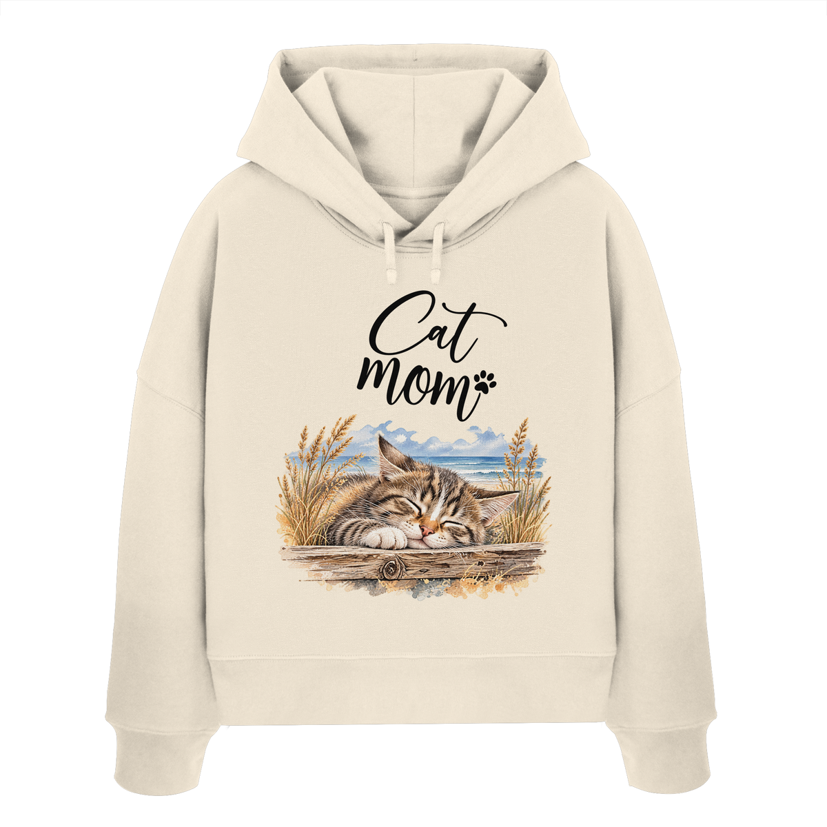 Damen Bio-Boxcut-Hoodie in Natural Raw mit Cat-Mom-Katzenmotiv als Frontprint – Vorderansicht im Original-Mockup.
