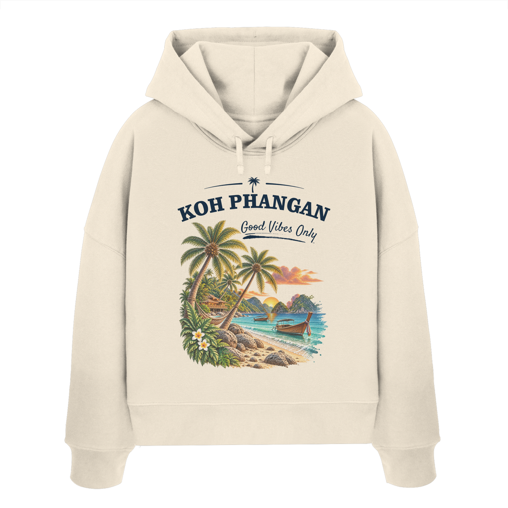 Koh Phangan Good Vibes Only – Damen Bio Boxcut Hoodie – Frontprint – Original-Mockup womens organic boxcut hoodie natural raw mit Motivdruck
