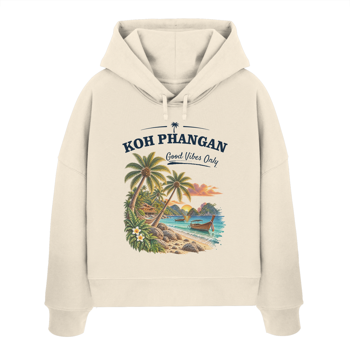 Koh Phangan Good Vibes Only – Damen Bio Boxcut Hoodie – Frontprint – Original-Mockup womens organic boxcut hoodie natural raw mit Motivdruck