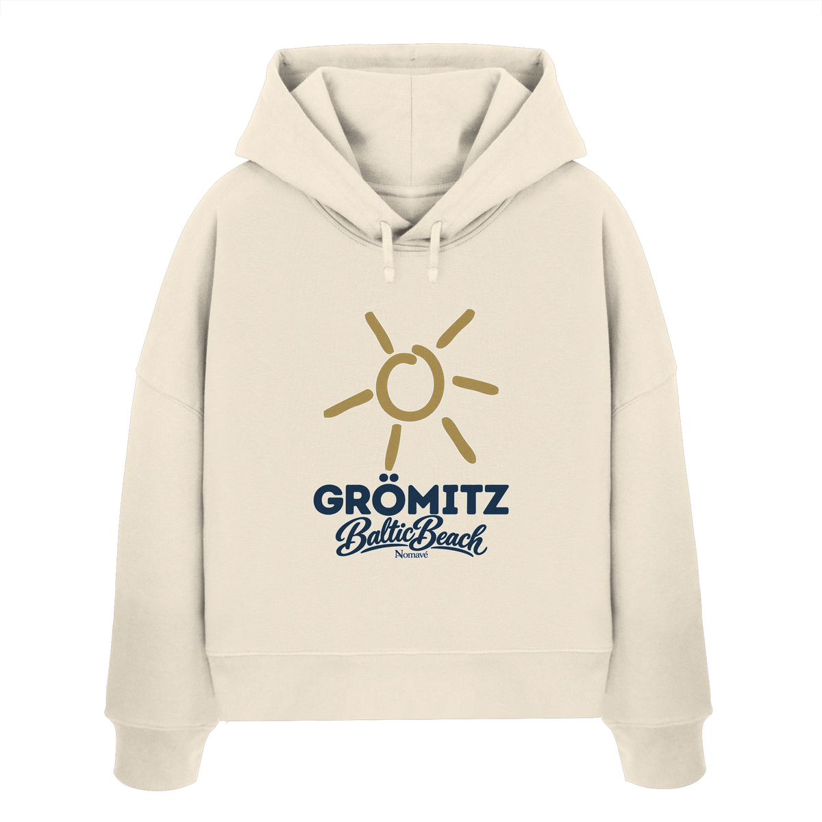 Damen Bio Boxcut Hoodie Grömitz Sonne Baltic Beach in Natural Raw – Frontdruck mit goldener Sonne, Shirtigo-Originalmockup 1