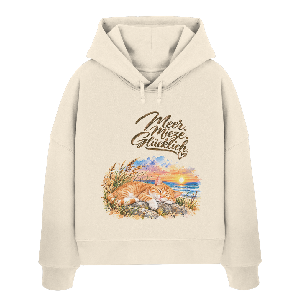 Damen Bio-Boxcut-Hoodie in Natural Raw mit „Meer. Mieze. Glücklich.“ als Frontprint – Original-Mockup