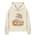 Damen Bio-Boxcut-Hoodie in Natural Raw mit „Meer. Mieze. Glücklich.“ als Frontprint – Original-Mockup