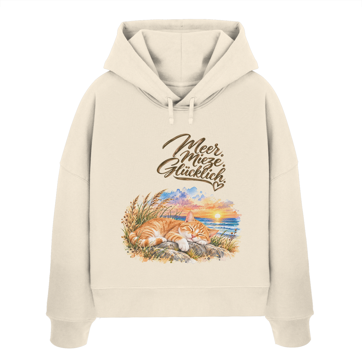 Damen Bio-Boxcut-Hoodie in Natural Raw mit „Meer. Mieze. Glücklich.“ als Frontprint – Original-Mockup