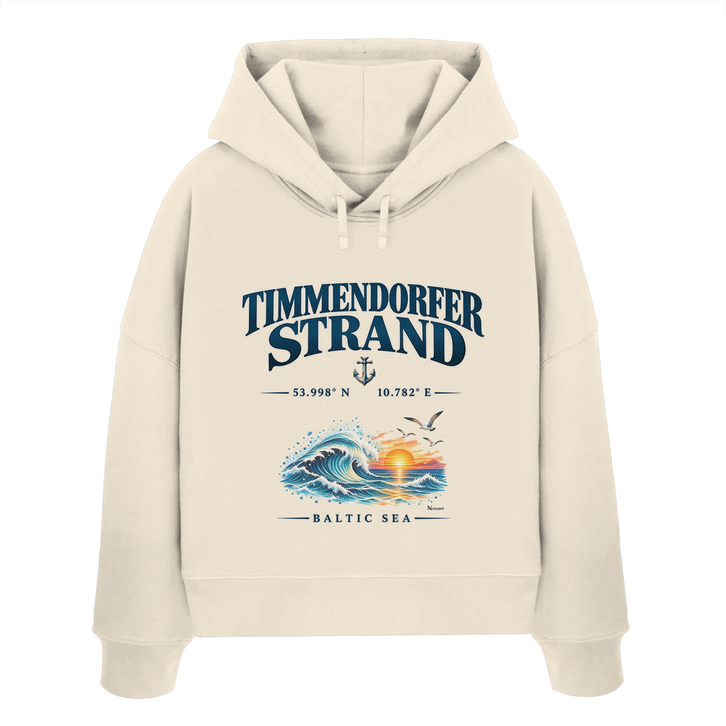 Original-Mockup 1: Damen Bio-Boxcut-Hoodie in Natural Raw mit Timmendorfer Strand – Baltic Sea Frontprint.