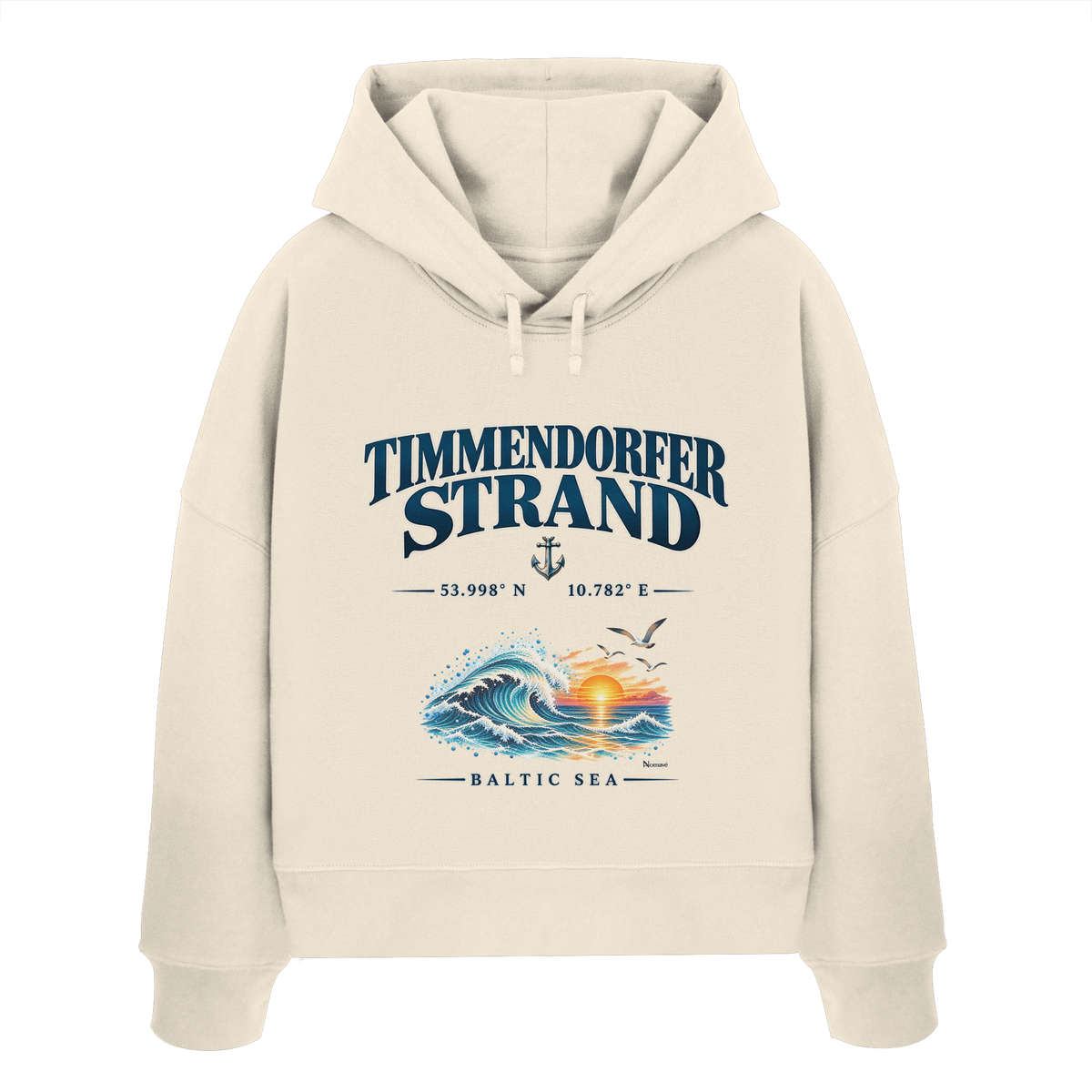 Original-Mockup 1: Damen Bio-Boxcut-Hoodie in Natural Raw mit Timmendorfer Strand – Baltic Sea Frontprint.