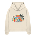 Damen-Boxcut-Hoodie in Natural Raw mit Timmendorfer-Strand-Good-Vibes-Only-Frontprint, originales Shirtigo-Mockup.