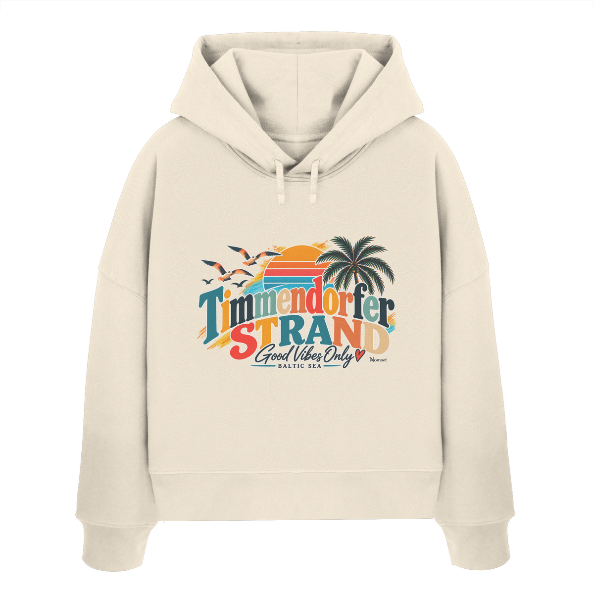 Damen-Boxcut-Hoodie in Natural Raw mit Timmendorfer-Strand-Good-Vibes-Only-Frontprint, originales Shirtigo-Mockup.