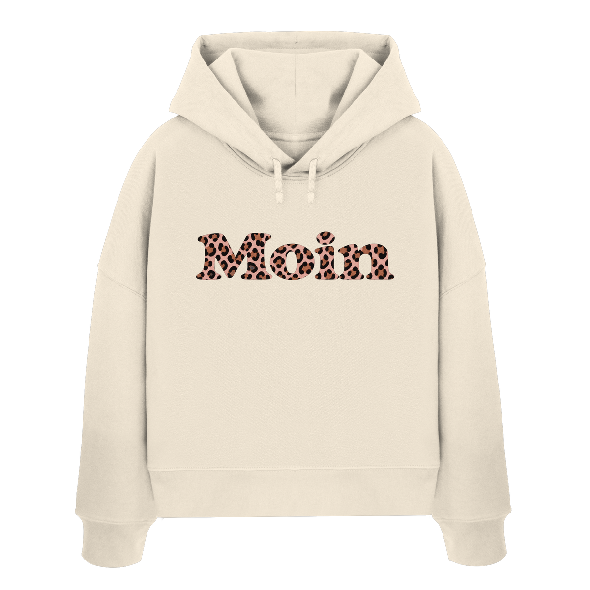 Damen-Bio-Boxcut-Hoodie in Natural Raw mit Moin-Leo-Blush-Pink-Frontprint.