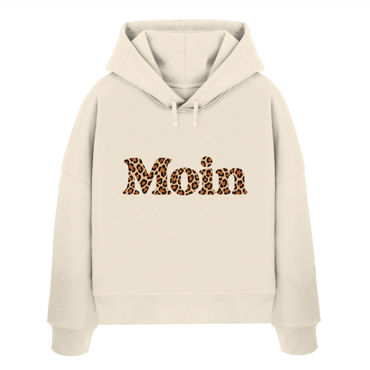 Original-Shirtigo-Mockup: Damen Bio Boxcut Hoodie in Natural Raw mit „Moin“ im Karamell-Leoprint als Frontprint