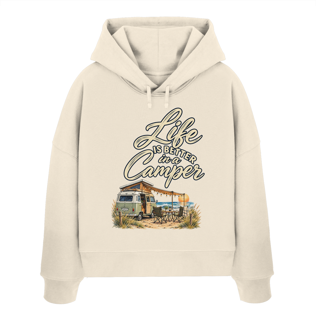 Damen Bio Boxcut Hoodie in Natural Raw mit „Life is better in a Camper“-Motiv – Vorderansicht für Vanlife- und Campingfans