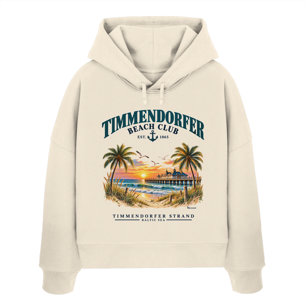 Originalmockup: Timmendorfer Beach Club Damen Bio-Boxcut-Hoodie in Natural Raw, Vorderansicht mit maritimem Frontprint, Palmen, Seebrücke und Meer.