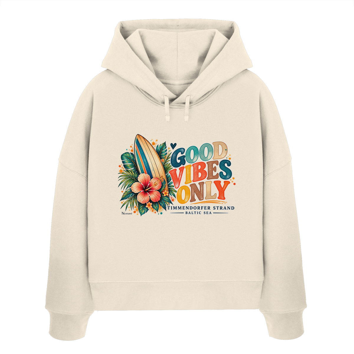 Timmendorfer Strand – Surf Vibes – Damen Bio-Boxcut-Hoodie mit Frontprint in Natural Raw – Katalog-Vorderansicht mit Surfboard, Hibiskus und Good-Vibes-Only-Frontprint.