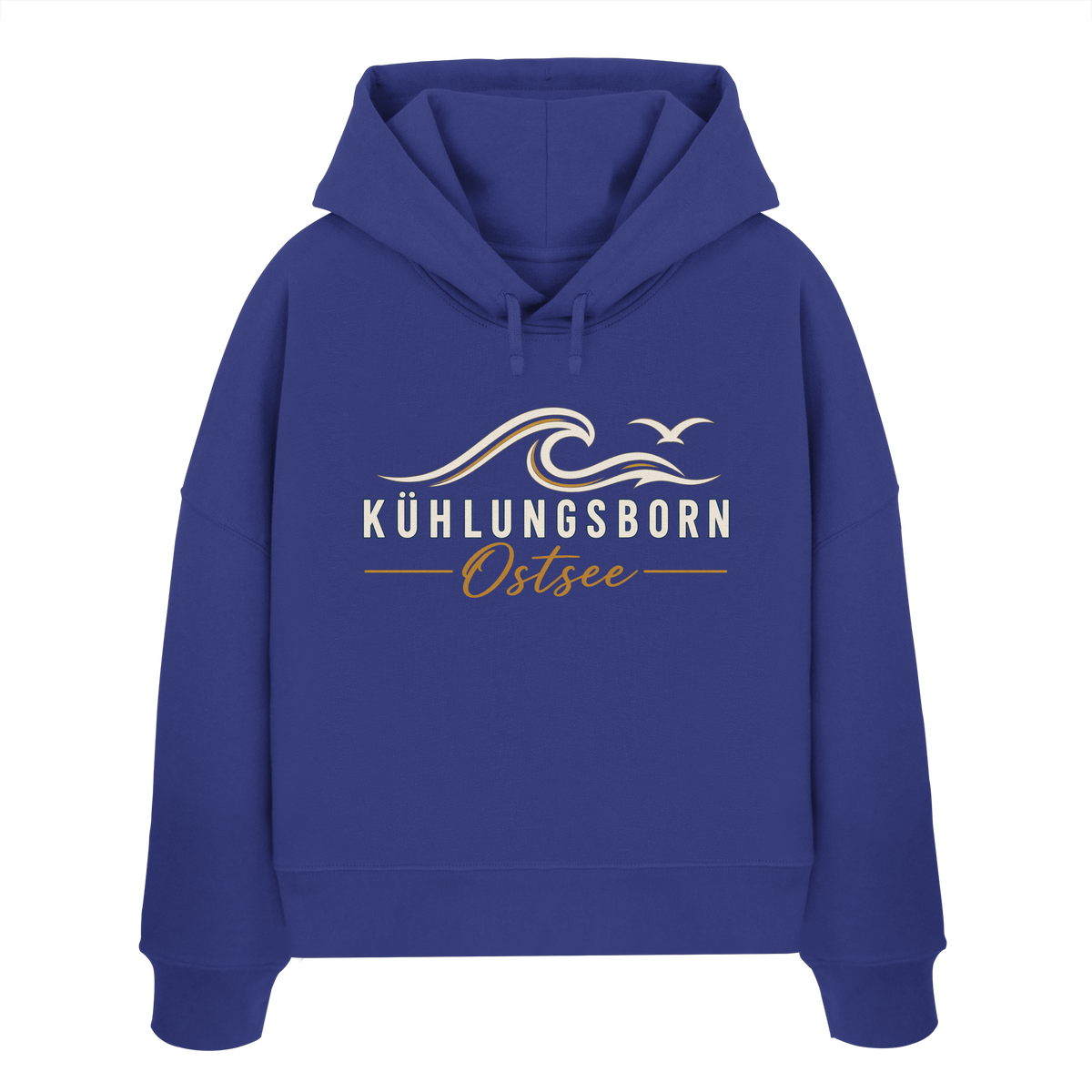 Shirtigo-Originalmockup: Damen Bio-Boxcut-Hoodie Kühlungsborn Baltic Waves, Dark Edition, Worker Blue, Vorderansicht mit Motiv.