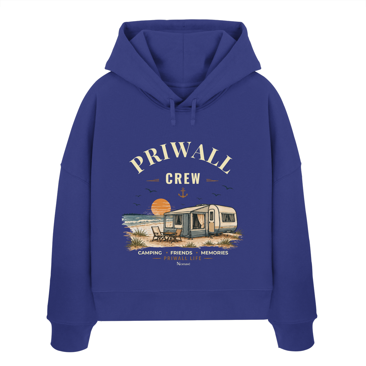 Damen Bio Boxcut Hoodie Kapuzenpullover in Worker Blue mit korrigiertem Priwall-Crew-Motiv der Dark Edition – Vorderansicht
