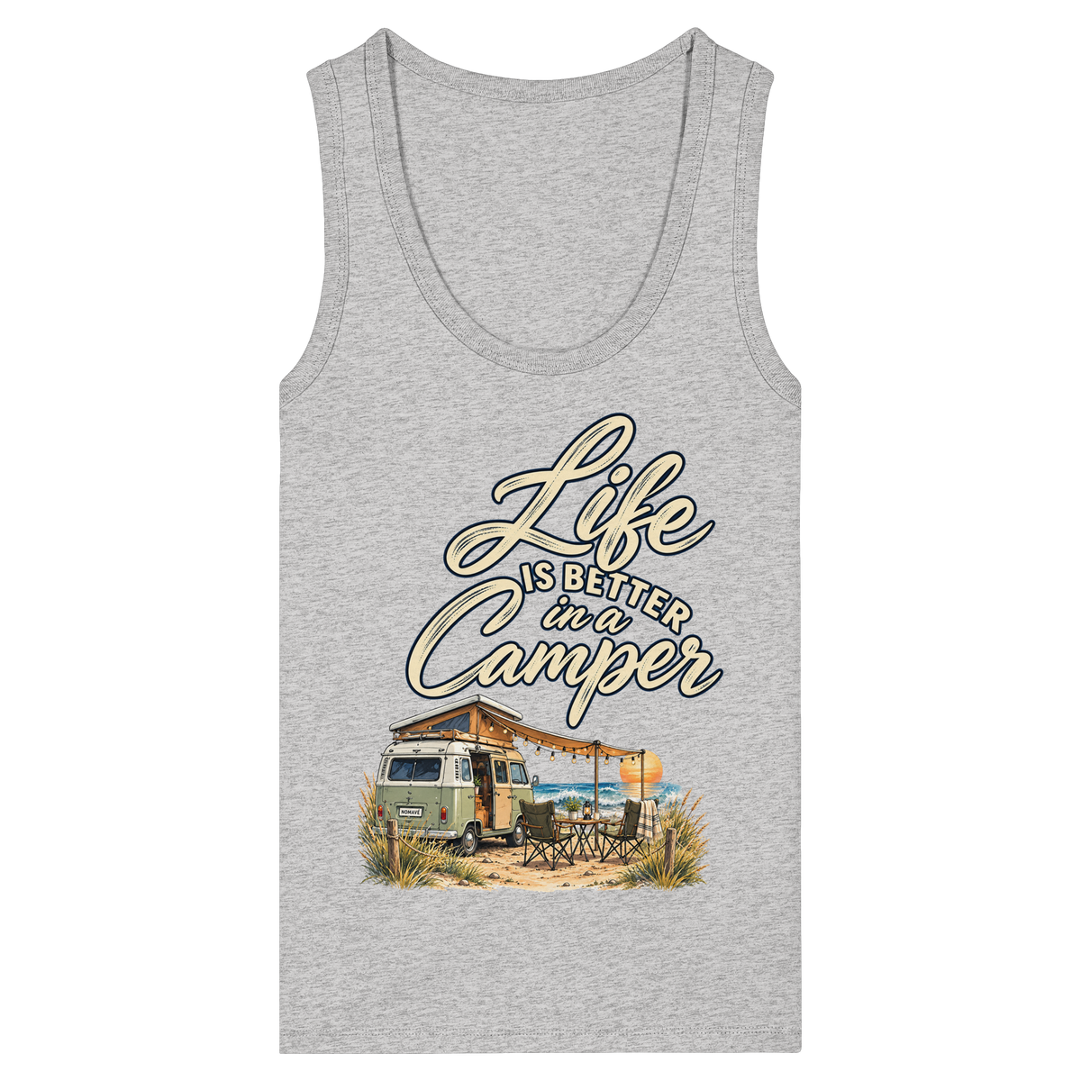 Damen Bio Tank Top in Cool Heather Grey mit „Life is better in a Camper“-Motiv – Vorderansicht für Vanlife- und Campingfans
