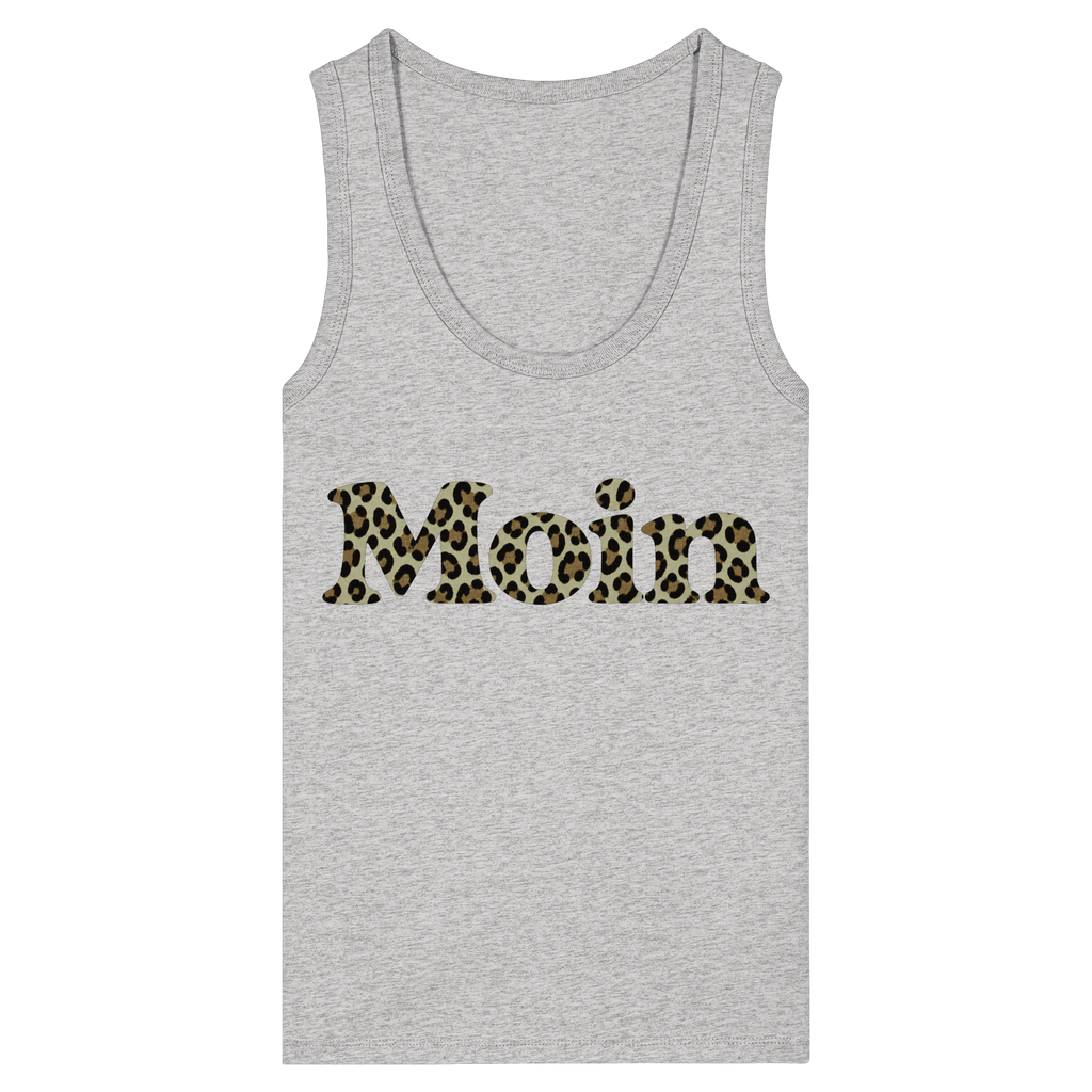 Damen Bio Fitted Tank Top in Cool Heather Grey mit Moin-Leoprint in Sage Green als Frontprint, Original-Mockup.
