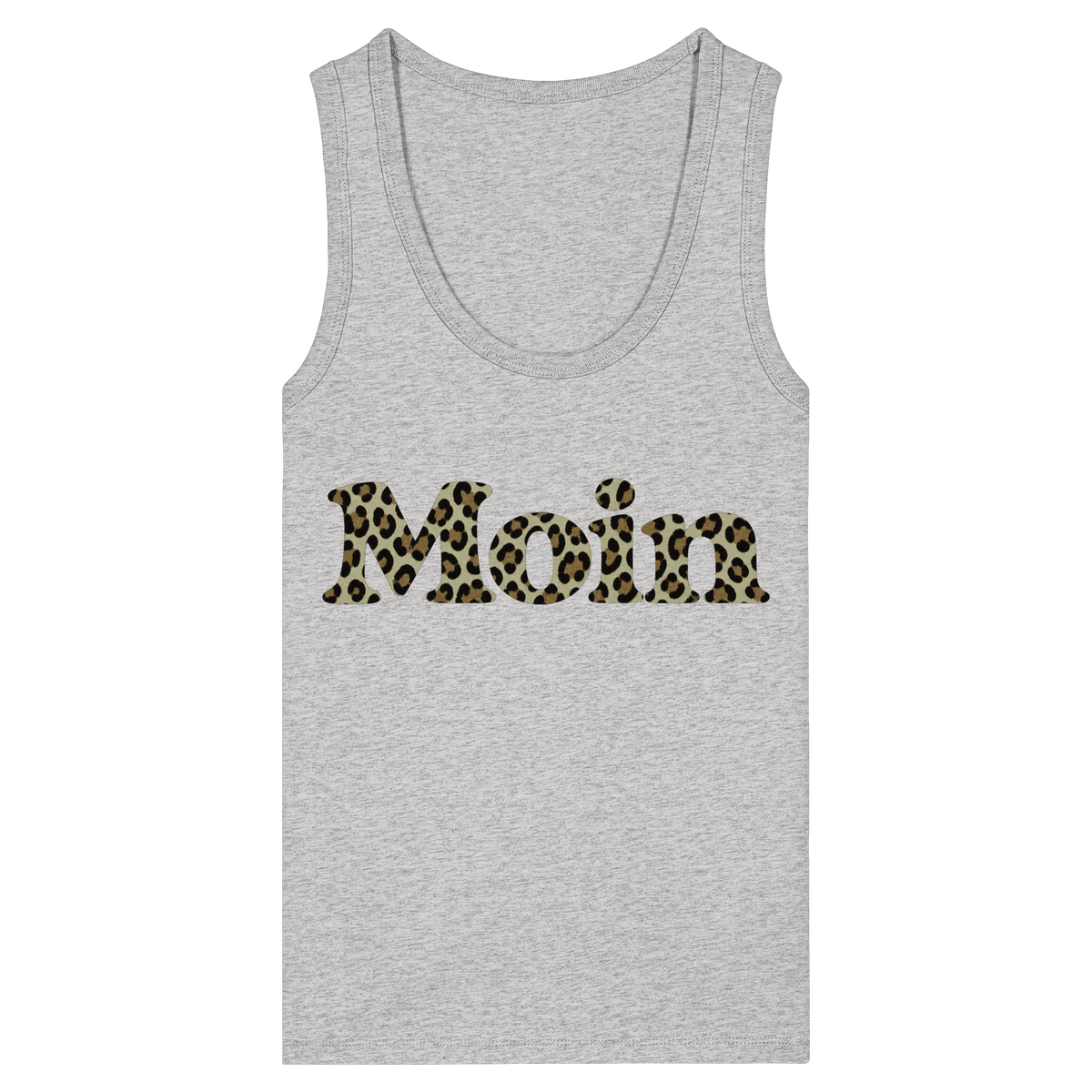 Damen Bio Fitted Tank Top in Cool Heather Grey mit Moin-Leoprint in Sage Green als Frontprint, Original-Mockup.
