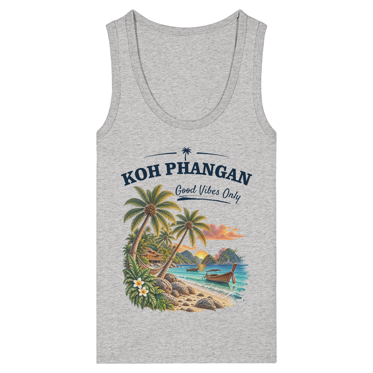 Koh Phangan Good Vibes Only – Damen Bio Tank Top – Original-Mockup womens organic fitted tank top cool heather grey mit Frontprint