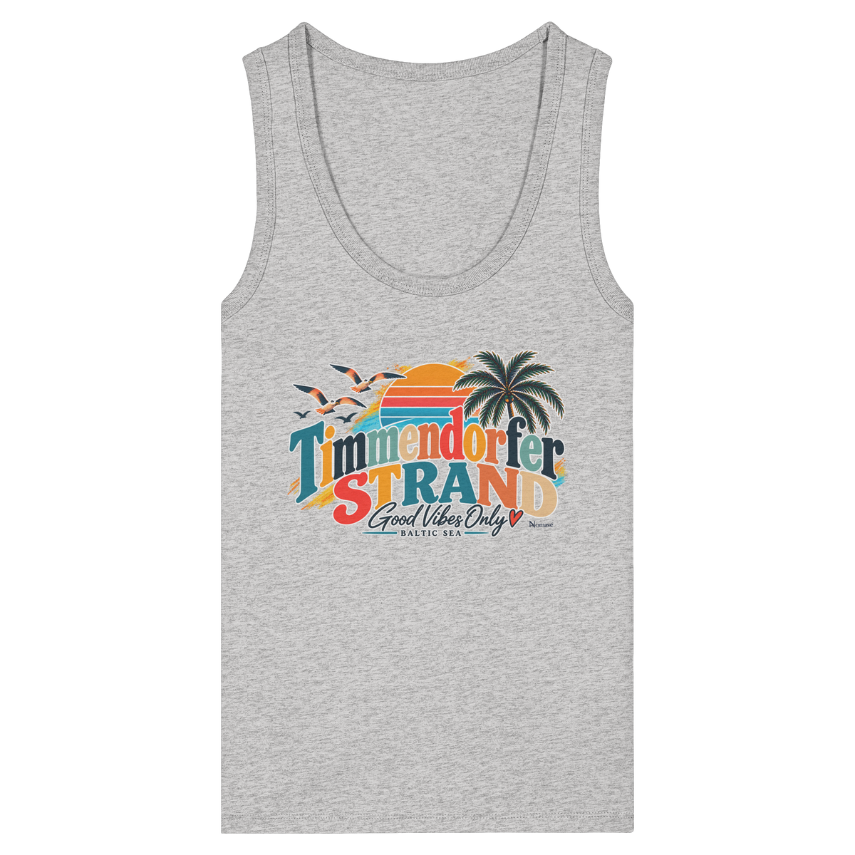 Damen-Fitted-Tanktop in Cool Heather Grey mit Timmendorfer-Strand-Good-Vibes-Only-Frontprint, originales Shirtigo-Mockup.