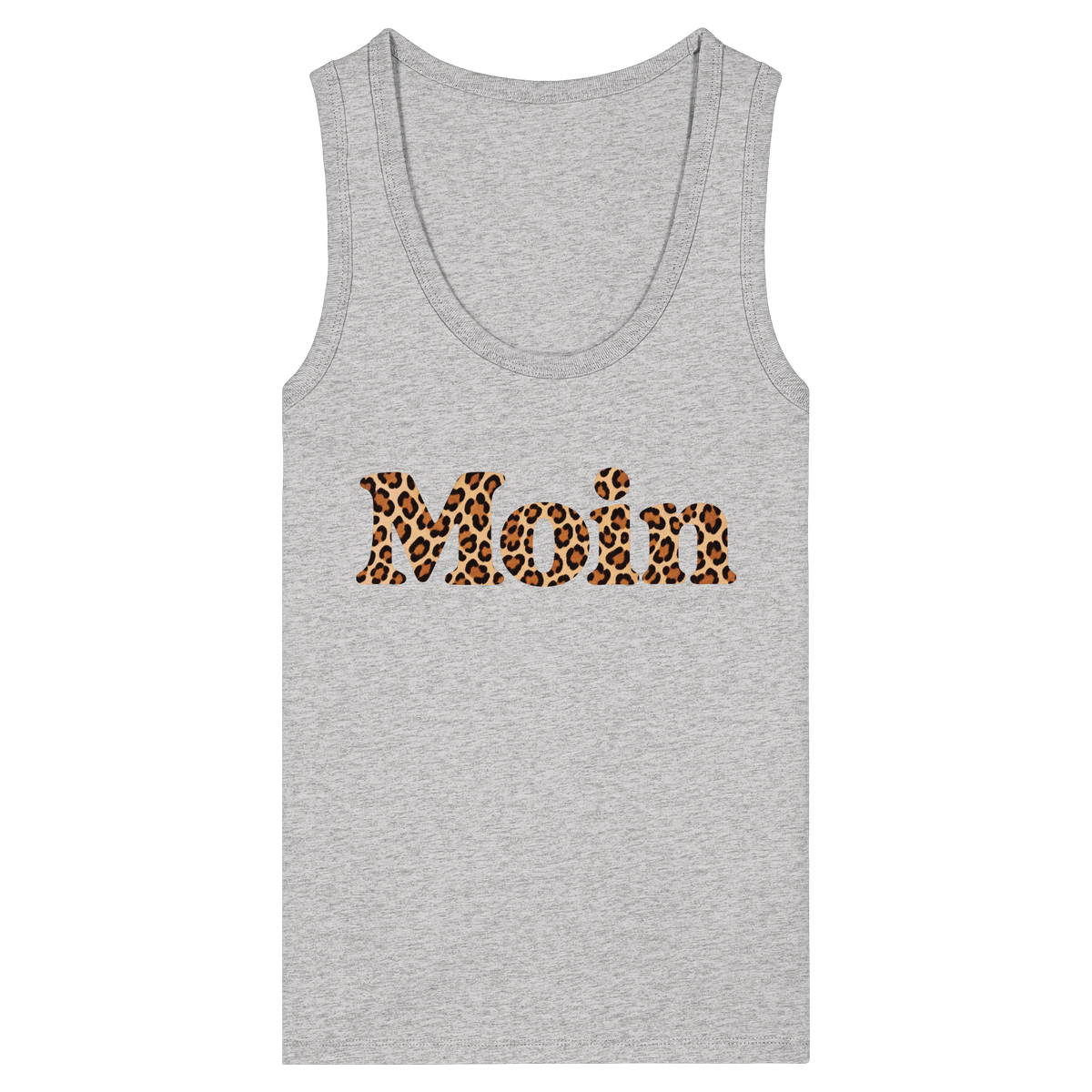 Original-Shirtigo-Mockup: Damen Bio Fitted Tank Top in Cool Heather Grey mit „Moin“ im Karamell-Leoprint vorn
