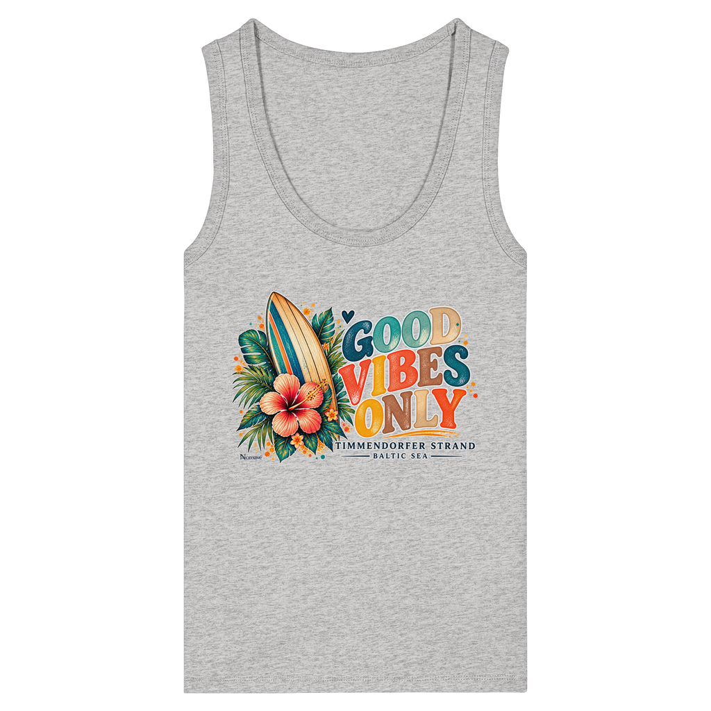 Timmendorfer Strand – Surf Vibes – Damen Bio-Fitted-Tanktop mit Frontprint in Cool Heather Grey – Katalog-Vorderansicht mit Surfboard, Hibiskus und Good-Vibes-Only-Frontprint.