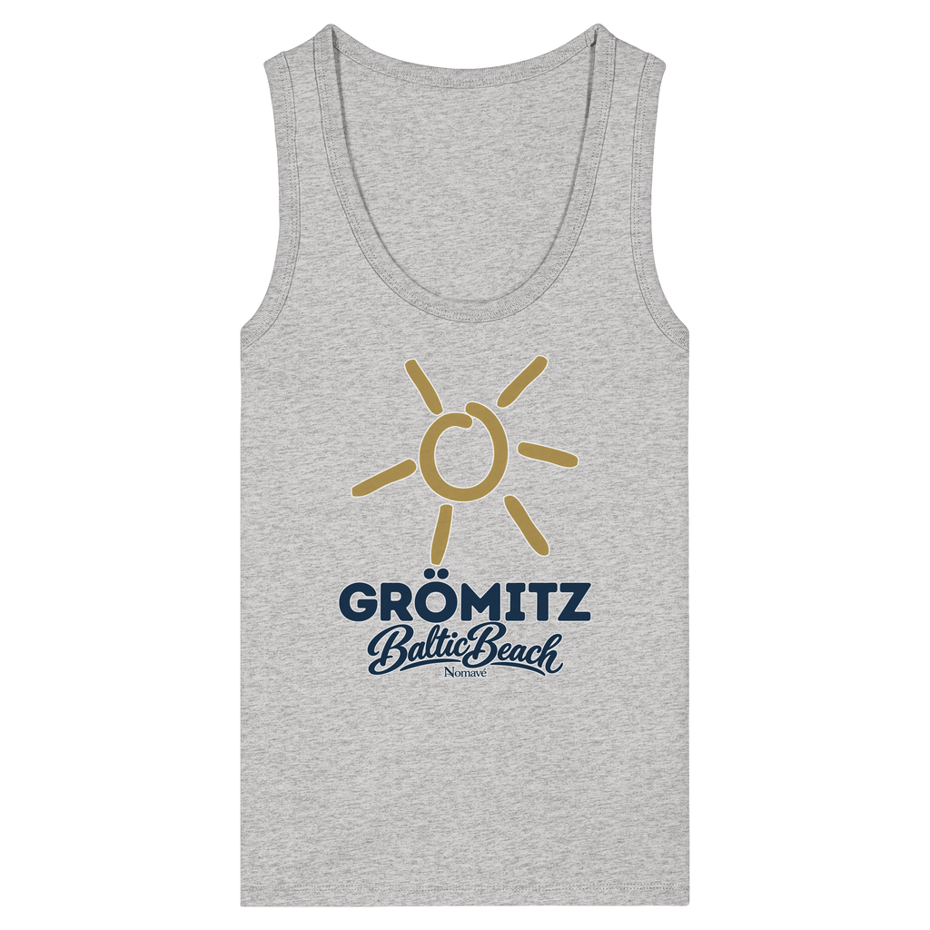Damen Bio Tanktop Grömitz Sonne Baltic Beach in Cool Heather Grey – Frontdruck mit goldener Sonne, Shirtigo-Originalmockup 1
