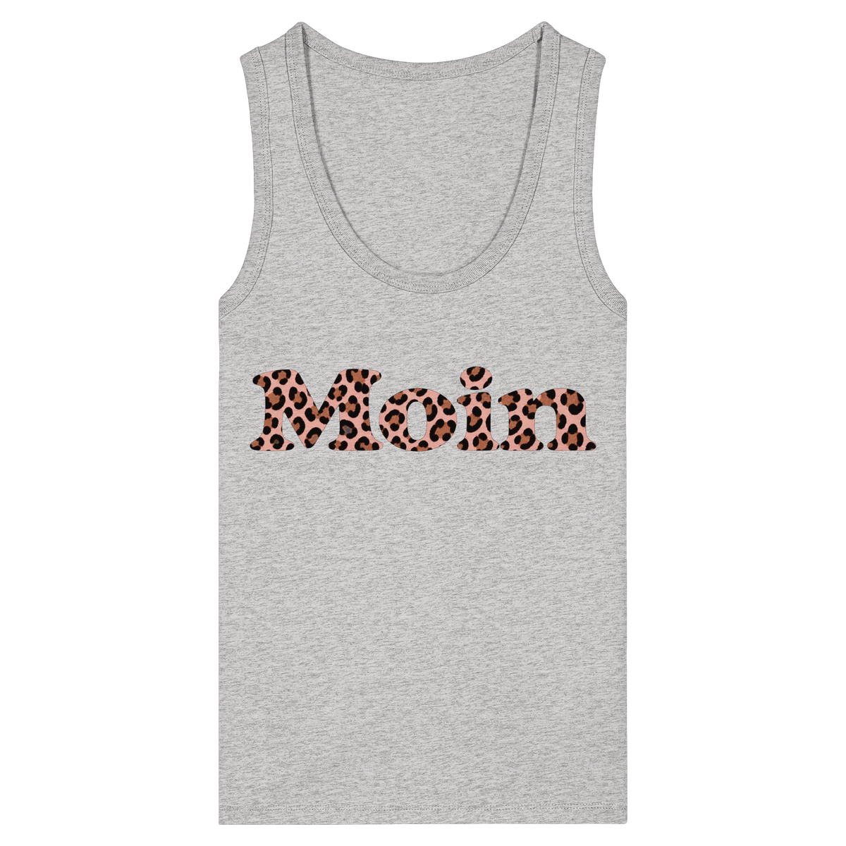 Damen-Bio-Fitted-Tanktop in Cool Heather Grey mit Moin-Leo-Blush-Pink-Frontprint.