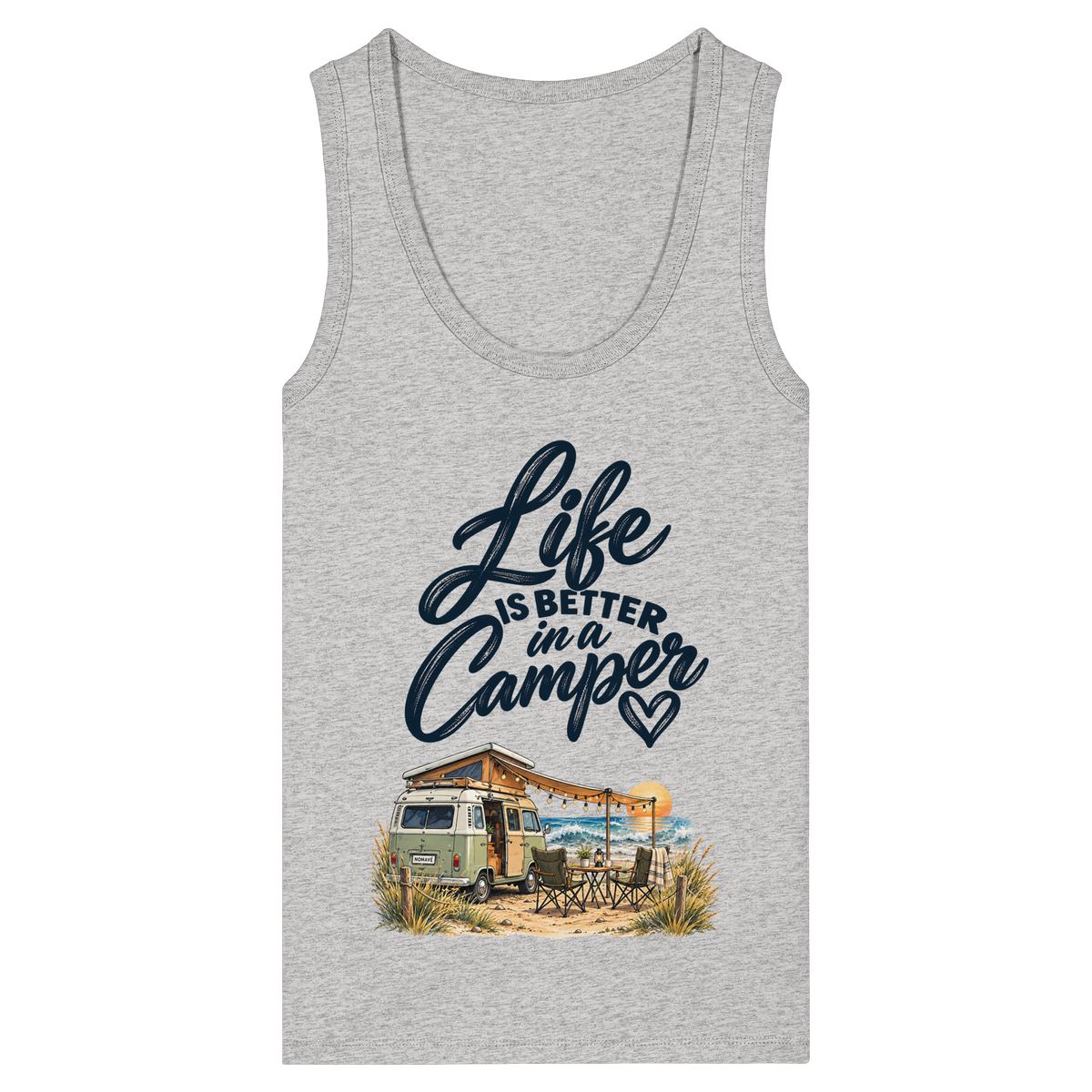 Damen Bio Tank Top mit „Life is better in a Camper“-Motiv – Vorderansicht in Heather Grey für Vanlife- und Campingfans