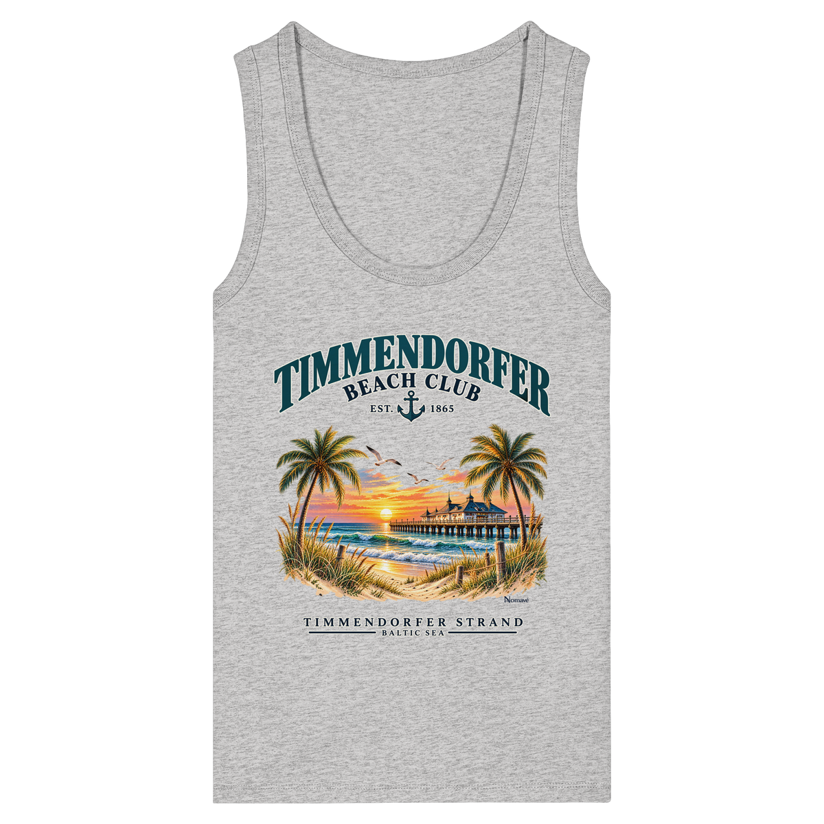 Originalmockup: Damen Bio-Tanktop Fitted in Cool Heather Grey mit Timmendorfer-Beach-Club-Frontprint, Motivansicht.