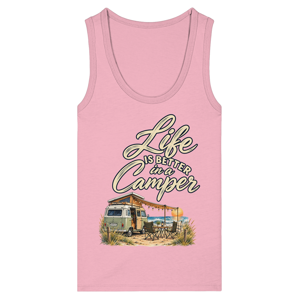 Damen Bio Tank Top in Cotton Pink mit „Life is better in a Camper“-Motiv – Vorderansicht für Vanlife- und Campingfans