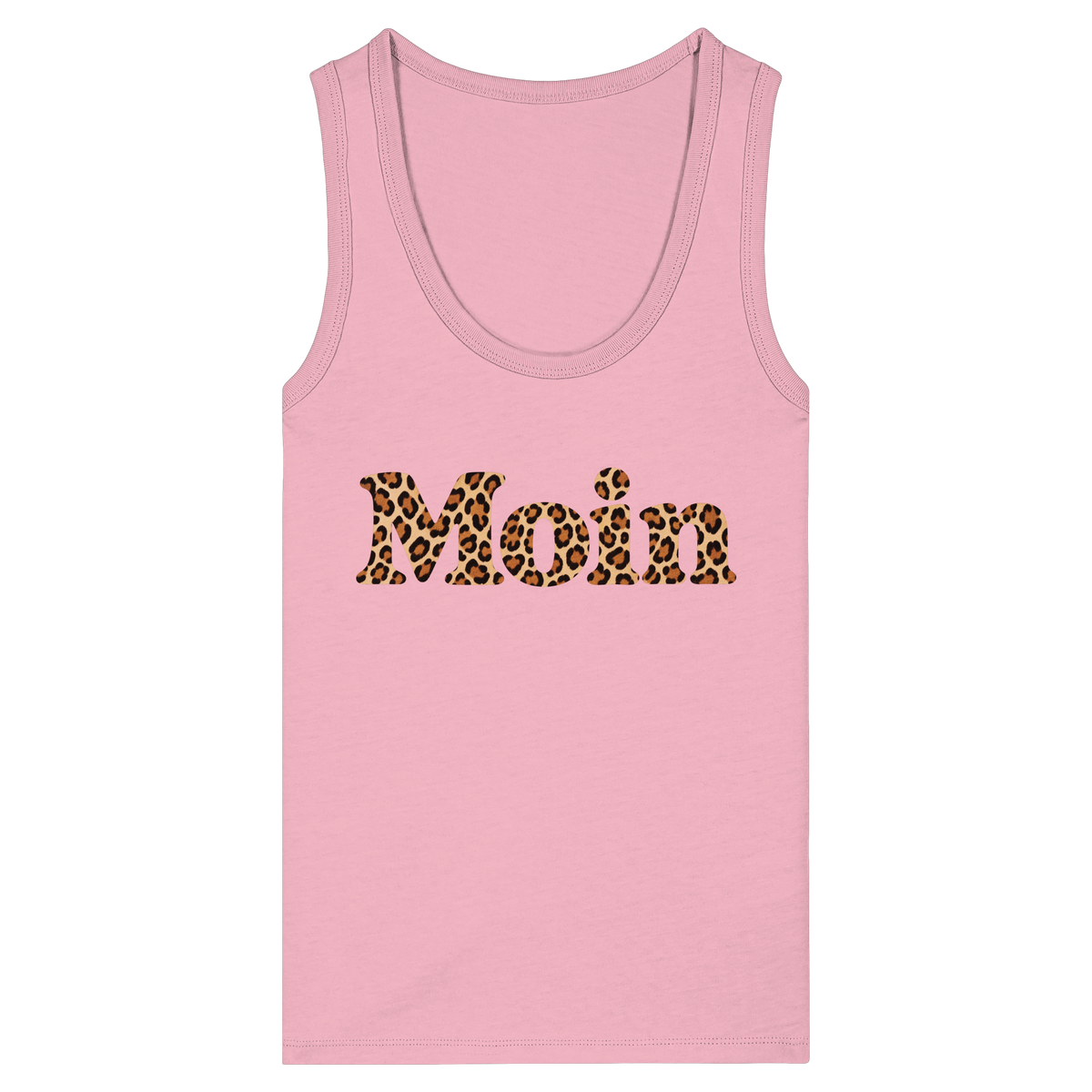 Original-Shirtigo-Mockup: Damen Bio Fitted Tank Top in Cotton Pink mit „Moin“ im Karamell-Leoprint vorn