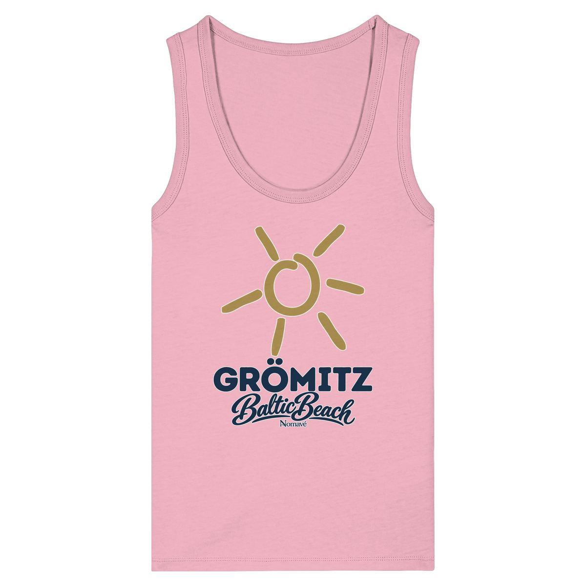 Damen Bio Tanktop Grömitz Sonne Baltic Beach in Cotton Pink – Frontdruck mit goldener Sonne, Shirtigo-Originalmockup 3