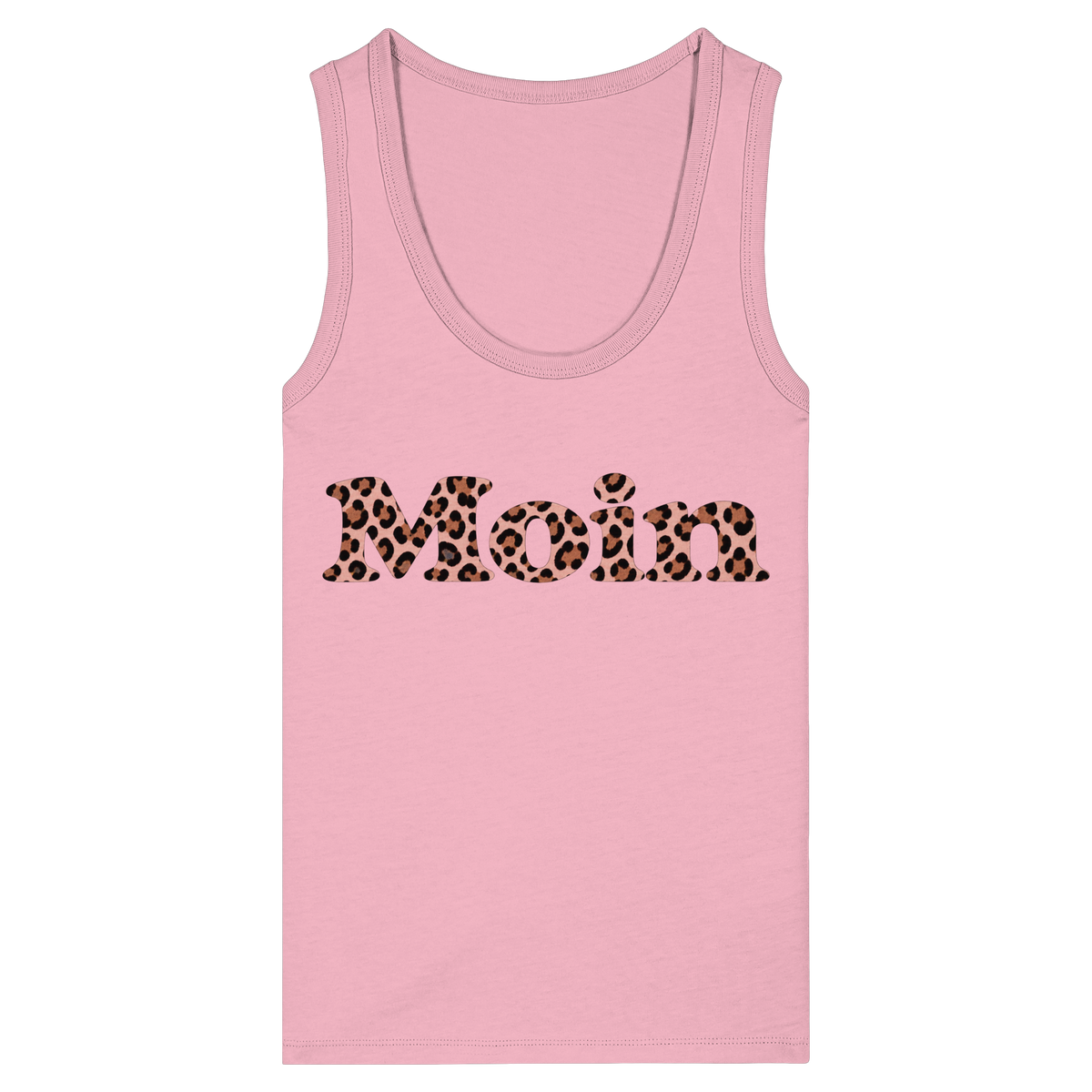 Damen-Bio-Fitted-Tanktop in Cotton Pink mit Moin-Leo-Blush-Pink-Frontprint.