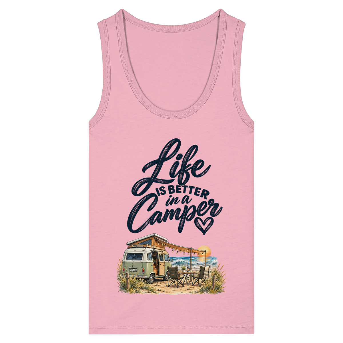 Damen Bio Tank Top mit „Life is better in a Camper“-Motiv – Vorderansicht in Cotton Pink für Vanlife- und Campingfans