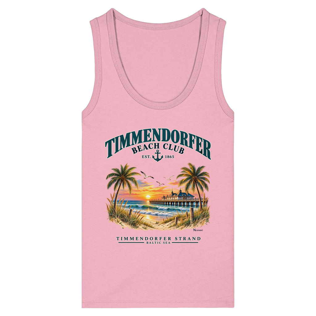 Originalmockup: Damen Bio-Tanktop Fitted in Cotton Pink mit Timmendorfer-Beach-Club-Frontprint, Motivansicht.